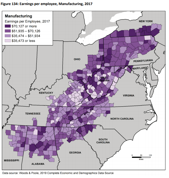 Manufacturing earnings by Appalachian county from ARC's report